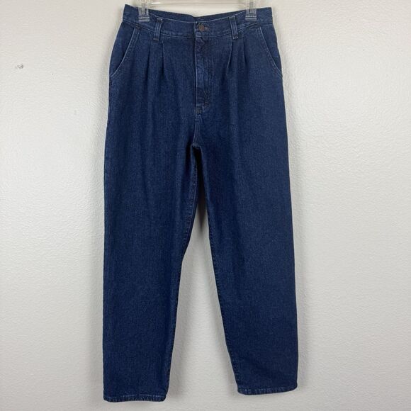 Vintage Lee Pleated High Waist Tapered Leg Dark Wash Denim Blue Mom Jeans 12 S - Picture 1 of 15